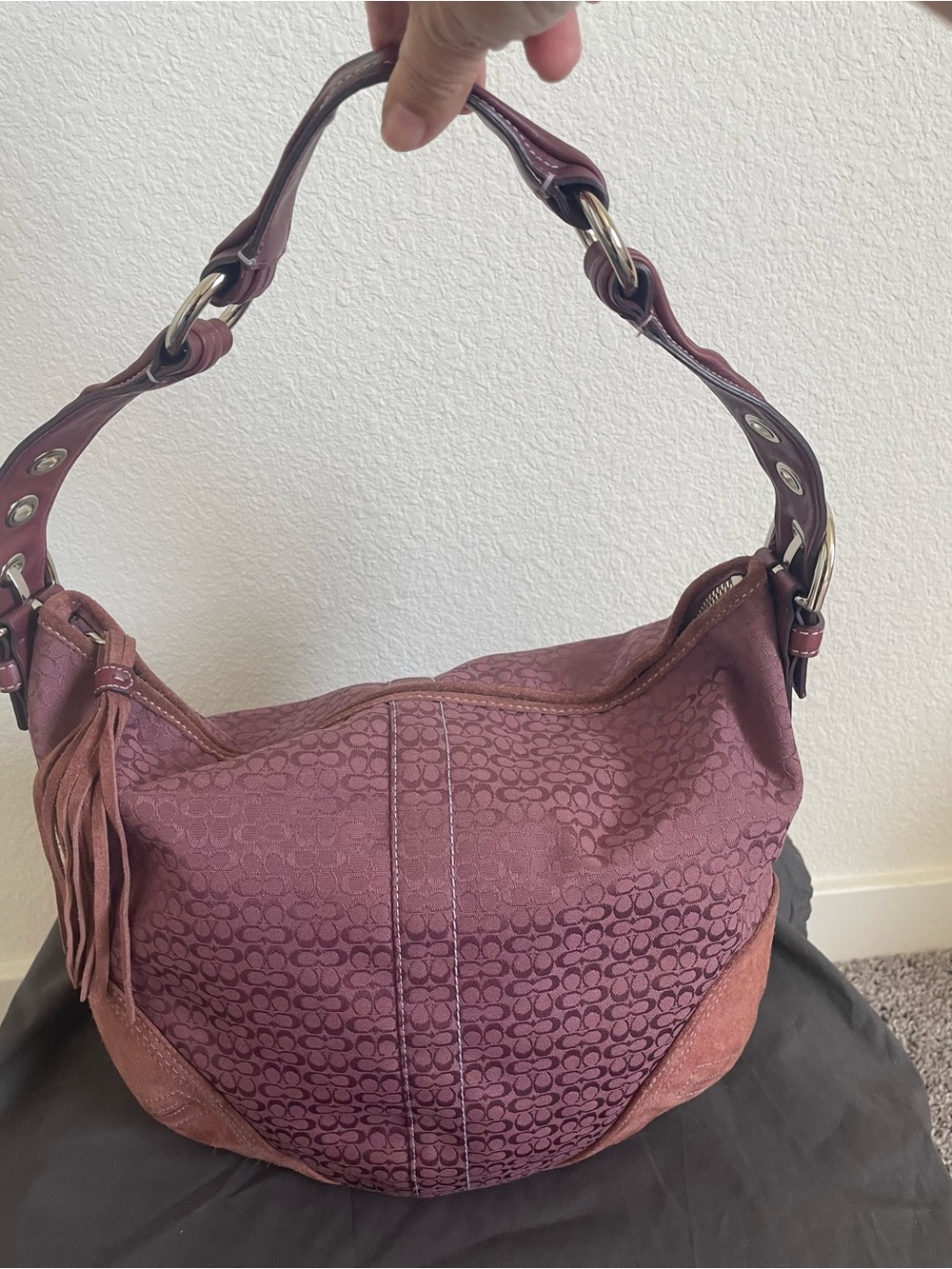 Coach Y2K Signature logo hobo Plum/ Pink w/ Burgundy strap canvas suede corners.